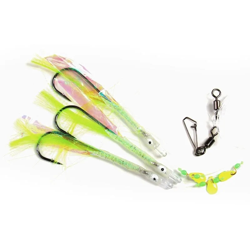 Fladen Deep Sea Rig – 3 Krokar (Stl 3/0) – Fjädrar, Skedar, Pärlor & Lumi-Tubes